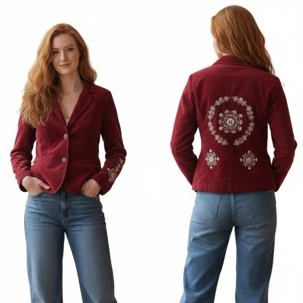 Point Zero NEW Embroidered Corduroy Jacket Blazer Stretch Boho Cotton Spandex L